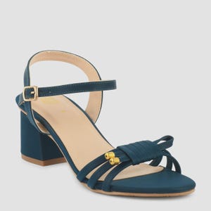Teal Blue Block Heel Sandals: Faux Leather Strappy Ankle Strap Shoes