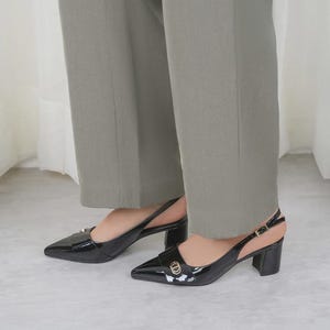 Black Patent Slingback Block Heel Pumps: Elegant Pointed Toe Dress Shoes