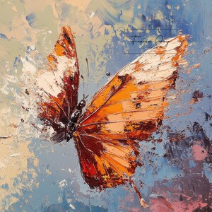 Op de afbeelding: Abstract schilderij van een vlinder met oranje en bruine vleugels tegen een blauwe en cr&egrave;me achtergrond. Het kunstwerk heeft dikke penseelstreken, waardoor een textuureffect ontstaat. De vlinder lijkt in vlucht te zijn, met een gevoel van beweging.