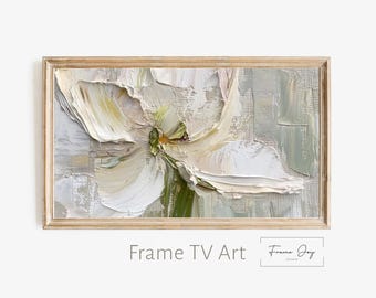 Textured Floral Frame TV Art: Neutral Beige Flower Painting (Digital Download 4K JPG)