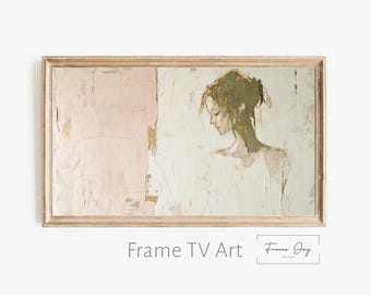 Minimalistyczna ramka z portretem kobiety, sztuka telewizyjna – teksturowane, neutralne odcienie (pobranie cyfrowe)