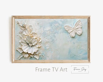 Biały kwiat i motyl – obraz olejny o fakturze – neutralna grafika do telewizora 4K na ramkę Samsunga