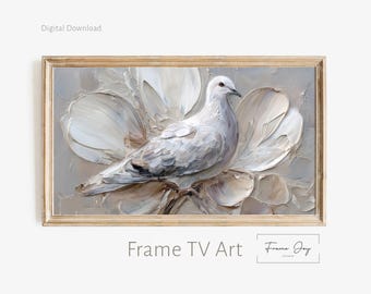 Grafika telewizyjna w ramce z białym gołębiem, teksturowane kwiaty, neutralny wystrój (pobranie cyfrowe)