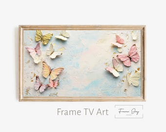 Sztuka na telewizorze Samsung Frame: obraz olejny z motylem w pastelowych kolorach (pobranie cyfrowe 4K)