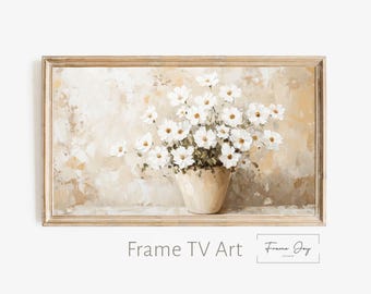 Beżowa ramka z kwiatowym wzorem na telewizor, neutralny wystrój Cottagecore (do pobrania w wersji cyfrowej)