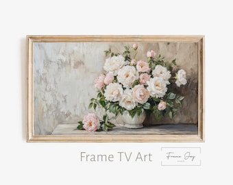 Blush pioenrozen lijst tv-kunst | Cottagecore-bloemenschilderij (digitale download)