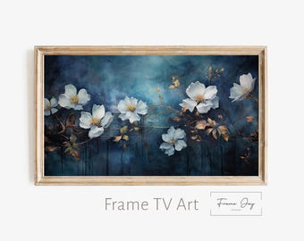 Grafika na telewizor w ciemnoturkusowej ramce z kwiatowym wzorem | Pobierz Samsung Frame TV | Cyfrowa grafika z motywem nastrojowych, błękitnych, złotych kwiatów | Elegancka dekoracja ścienna do telewizora | 4K