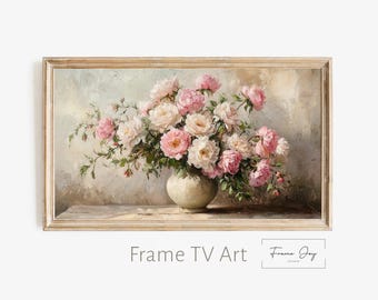 Sztuka telewizyjna w ramce z piwoniami: obraz kwiatowy w kolorze różowym w stylu vintage (pobieranie cyfrowe w rozdzielczości 4K)