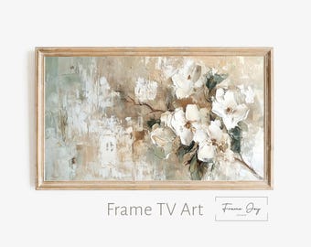 Neutralna ramka kwiatowa, sztuka telewizyjna: beżowo-kremowy obraz kwiatowy (pobranie cyfrowe)