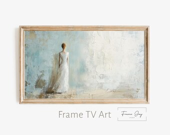 Minimalistyczna kobieta w białej sukience, ramka telewizyjna: neutralna tekstura (pobranie cyfrowe 4K)