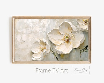 Neutralna ramka kwiatowa, sztuka telewizyjna: beżowo-kremowy obraz kwiatowy (pobranie cyfrowe)
