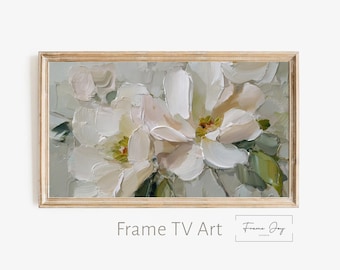 Biała magnolia, obraz olejny w ramce, sztuka telewizyjna: Elegancki kwiatowy, cyfrowy download (4K JPG)