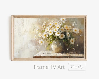 Wazon z białymi stokrotkami – sztuka telewizyjna: obraz kwiatowy Cottagecore (pobieranie cyfrowe 4K)