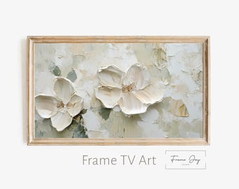 Neutrale tv-kunst met bloemenlijst: beige crèmekleurige bloemenschildering (digitale download)