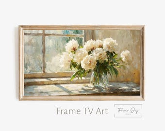 Ramka na zdjęcia bukietu piwonii, grafika ścienna: Cottagecore Floral Painting (pobranie cyfrowe, obsługa telewizora 4K)
