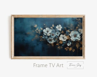 Ciemnoniebieska ramka z kwiatowym wzorem w ramce TV: Moody Blue & Gold Flower Digital Download