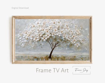 White Blossom Textured Tree Art – Large Neutral Floral Painting, Impasto Flower Wall Art, Modern Minimalist Decor for Living Room or Bedroom