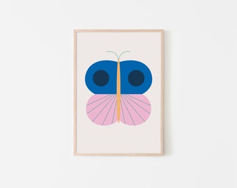 Illustration of a blue-pink butterfly, poster, art print