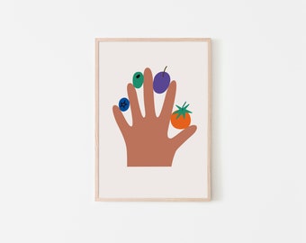 Eat your Veggies, illustration of a hand with fruits and vegetables, poster, art print