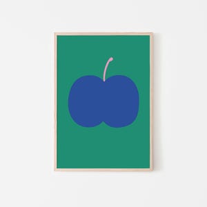 Apple Art Print, mela blu su sfondo verde, stampa colorata, poster di frutta, minimalista, poster per arredamento soggiorno