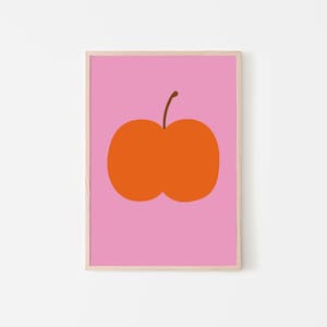Apple Art Print, mela rossa su sfondo rosa, stampa colorata, poster di frutta, minimalista, poster per arredamento soggiorno