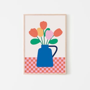 Jarrón azul con tulipanes rojos, impresión artística, póster, decoración de pared, impresión colorida para sala de estar, minimalista
