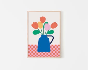 Illustration of a blue vase with red tulips, poster, art print