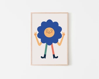 Illustration of a friendly blue flower with legs and boots, poster, art print
