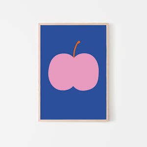 Stampa artistica di mela, mela rosa su sfondo blu, stampa colorata, poster di frutta, minimalista, poster per la decorazione del soggiorno
