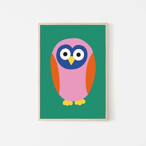 Impresión artística de búho (verde), impresión colorida de búho real, póster de pájaro para habitación infantil, decoración moderna minimalista,
