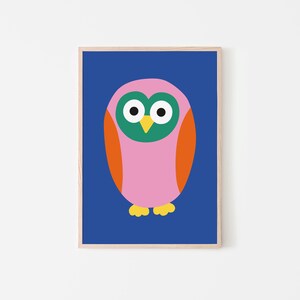 Póster de búho (azul), impresión artística, impresión colorida de búho real, póster de pájaro para habitación infantil, decoración moderna minimalista.