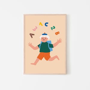 Youpi, écolier ! (beige) Garçon avec cartable, impression d'art, décoration, affiche pour la rentrée scolaire, 1re année