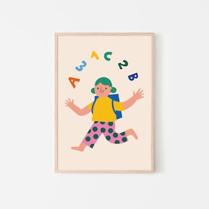 ¡Viva el cole! (crema) Niña con mochila escolar, lámina artística, decoración, póster para el inicio de clases, 1.er grado