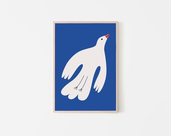 Illustration of a white dove on a blue background, poster, art print