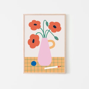 Lámina artística de jarrón de amapolas, lámina botánica, decoración de dormitorio, póster minimalista