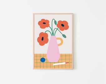 Illustration of a pink vase with red poppies, poster, art print