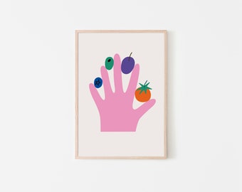 Eat your fruits, illustration of a hand with fruit, poster, art print