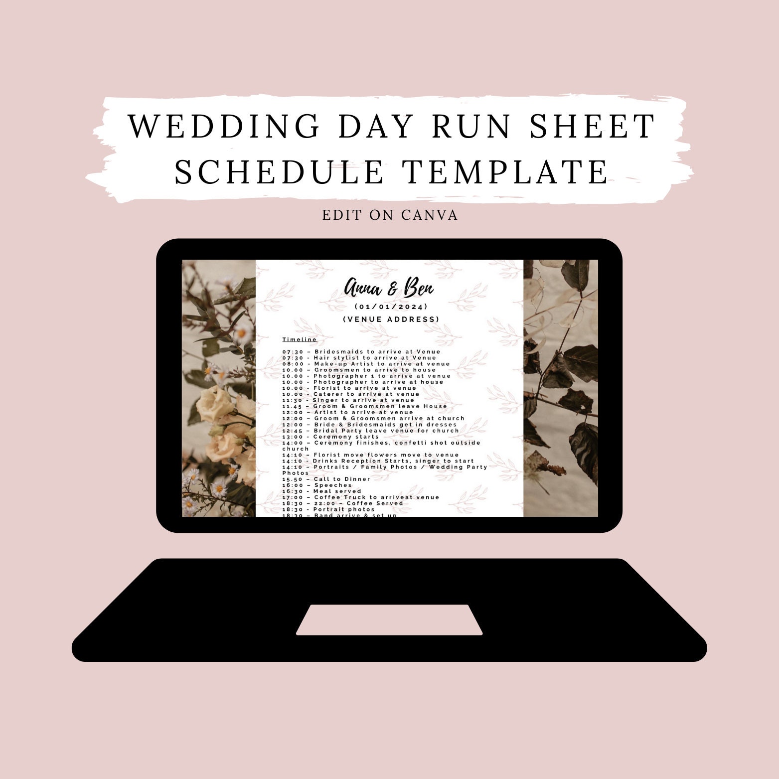 Digital Wedding Ontheday Timeline, Schedule, Run Sheet Canva Template Etsy UK