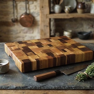 Può includere: Un tagliere rettangolare in legno di testa con un motivo a mosaico di tonalità di legno chiare e scure. Un coltello, una piccola ciotola di sale e un mazzetto di erbe aromatiche sono su una superficie di ardesia. Utensili da cucina.