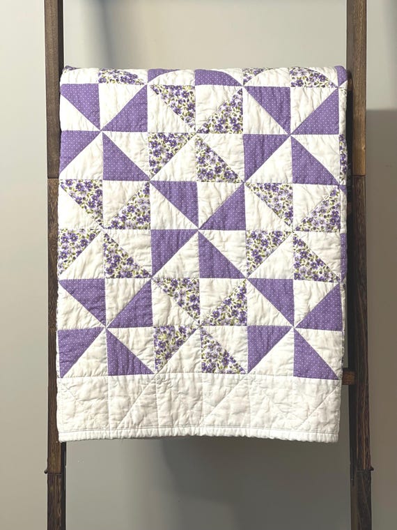 Handmade Pinwheel Baby Quilt | Purple, Lilac & White Floral |  Modern Farmhouse