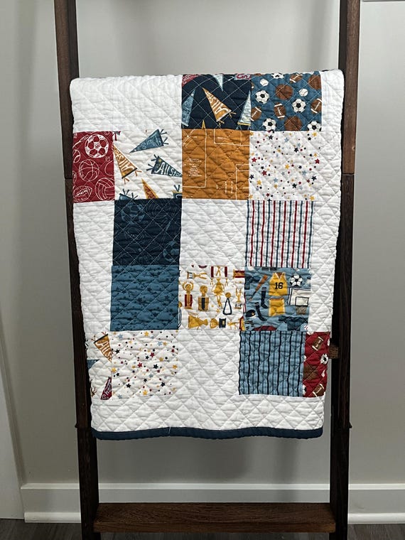 Handmade Patchwork Baby Boy Sports Quilt – Modern Farmhouse Style