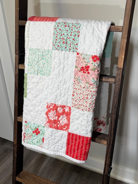 Handmade Floral Patchwork Quilt - Red, Mint & White Baby Quilt