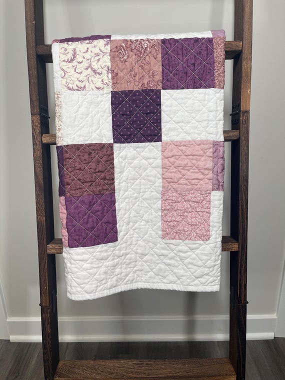 Handmade Patchwork Baby Quilt - Lilac, Plum, and White Floral Quilted Blanket – Modern Farmhouse Style