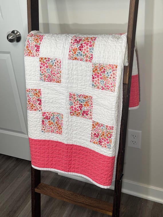 Handmade Quilted Throw Blanket in Bright Pink and White