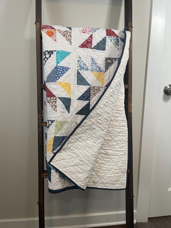 Handmade Denim and Colorful Floral Star Throw Quilt – Modern Farmhouse Style
