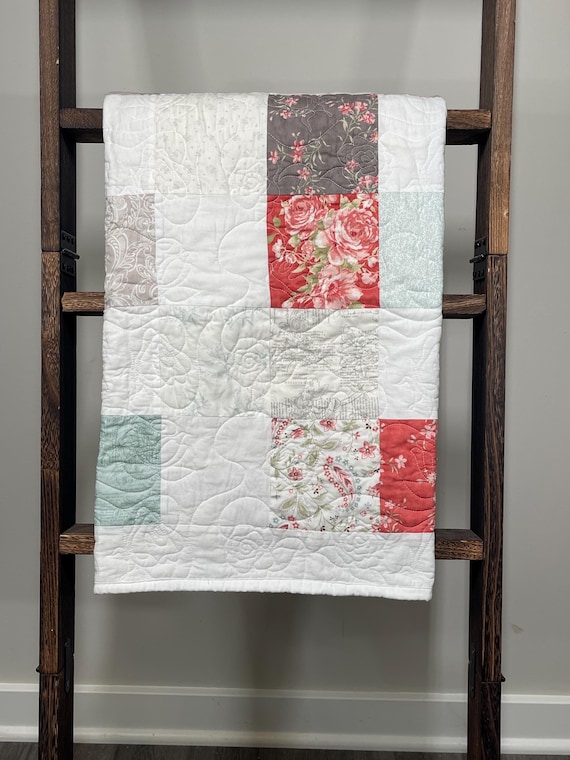 Handmade Soft Floral & Solid Neutral Patchwork Baby Quilt – Modern Farmhouse Style