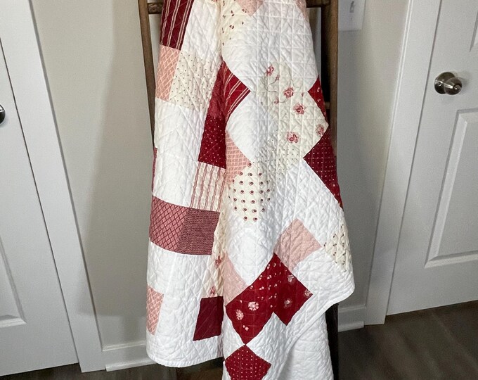 Handmade Red and White Patchwork Throw Quilt | Farmhouse Cottagecore ...