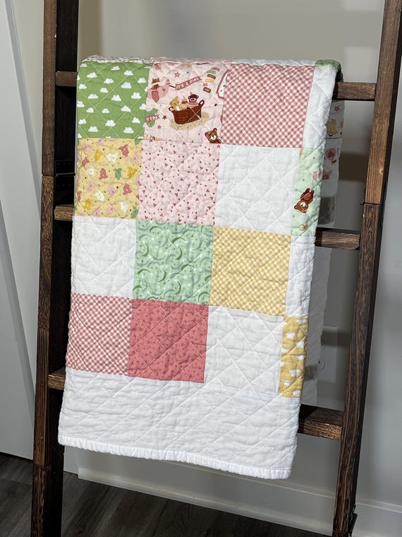 Handmade Patchwork Patchwork Baby Girl Quilt - Sweet Woodland & Celestial Nursery Blanket