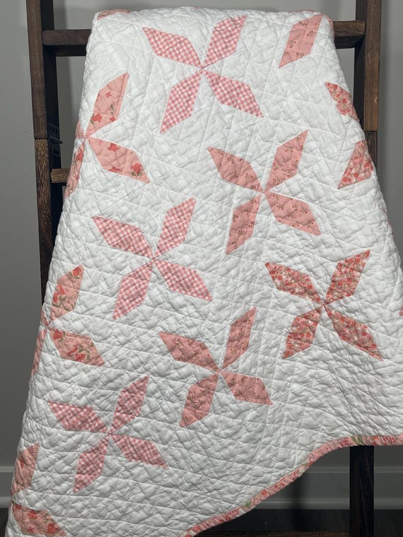 Handmade Heirloom Baby Quilt – Pink Floral & Gingham Pinwheels – Modern Farmhouse Style