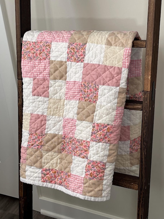 Handmade Pink Gingham & Floral Patchwork Baby Quilt - Shabby Chic Nursery Throw